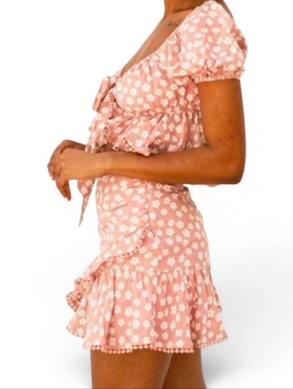 SABO SKIRT Pink & White Ruffle Faux Wrap Mini Skirt - XS